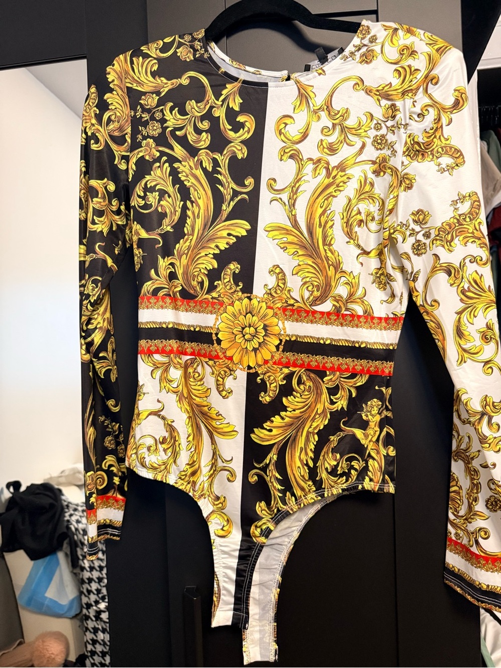 Baroque Print Long Sleeve Bodysuit in Black, White & Gold